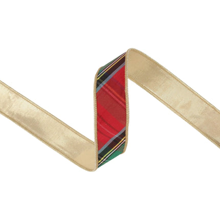 1 1/2" Wired Ribbon | Bold Christmas Plaid w/ Metallic Gold Backing | 10 Yard Roll