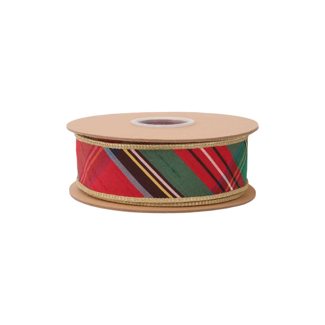 1 1/2" Wired Ribbon | Bold Christmas Plaid w/ Metallic Gold Backing | 10 Yard Roll