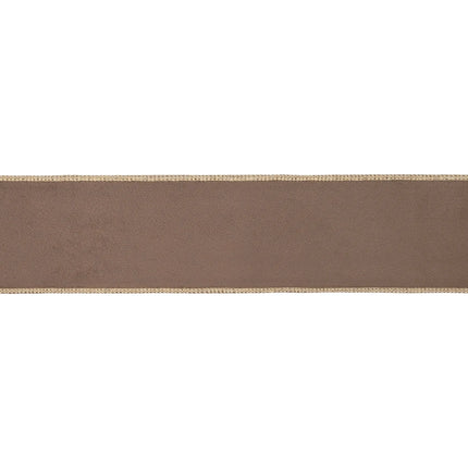 Luxe craft wired ribbon, soft brown velvet texture finished with durable gold metallic backing for styling