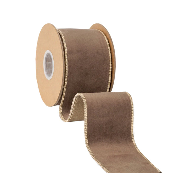 Soft brown velvet wired ribbon, featuring smooth texture and reflective gold metallic reverse side