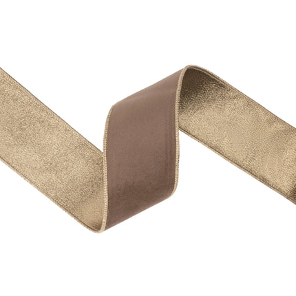 2 1/2"  wired ribbon, velvety brown fabric bordered by fine trim and backed with gold metallic material