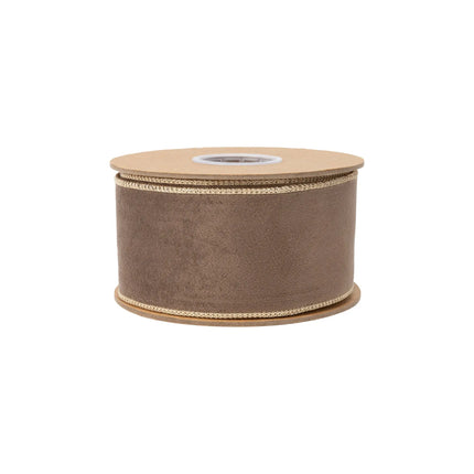Warm seasonal wired velvet ribbon with rich brown velvet finish and coordinating gold metallic backing accents