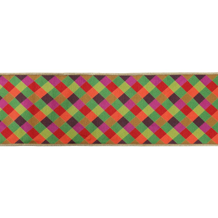 4" Wired Dupioni Ribbon | Multi Jewel Tone Small Bias Check Plaid w/ Gold Metallic Fused Dupioni Backing | 10 Yard Roll