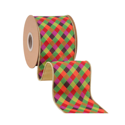 Wide small check plaid dupioni ribbon, 4" wired with gold metallic backing, great for Thanksgiving crafts.