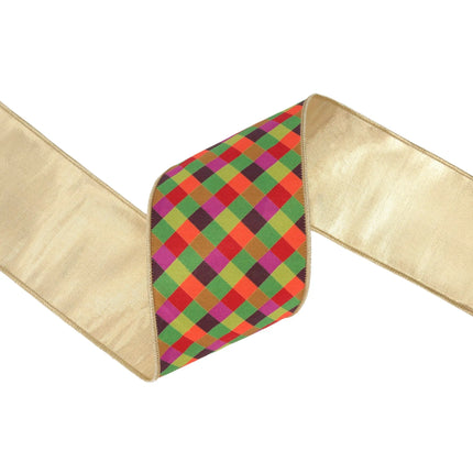4" wired multi jewel tone bias check plaid dupioni ribbon with gold metallic backing, for seasonal bows.