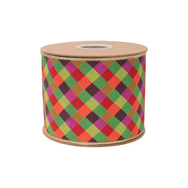 wired dupioni ribbon, vibrant multi-color bias check plaid with gold metallic backing, perfect for harvest decor.