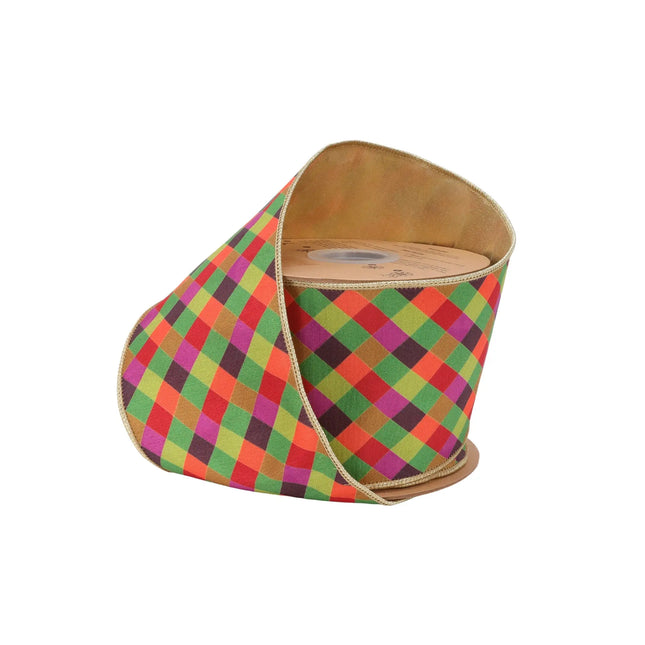 4" wired dupioni ribbon with multi jewel tone small bias check plaid and gold metallic fused backing