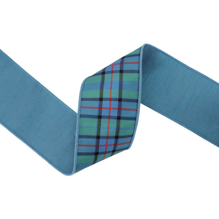 4" wired blue-green-red plaid dupioni ribbon with fused backing, suited for seasonal crafts.