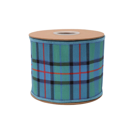 4-inch wired dupioni ribbon featuring blue-green-red plaid and fused backing, ideal for holiday decor.