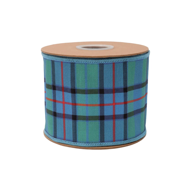 4-inch wired dupioni ribbon featuring blue-green-red plaid and fused backing, ideal for holiday decor.