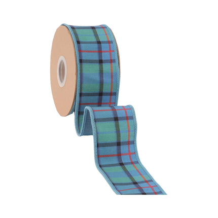 Vibrant blue plaid dupioni ribbon, 2 1/2" wired with fused dupioni backing, perfect for gift wrapping.