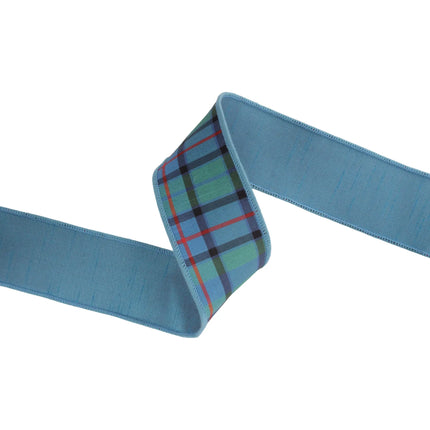 2 1/2" wired blue-green-red plaid dupioni ribbon with fused backing, suited for home decor accents.