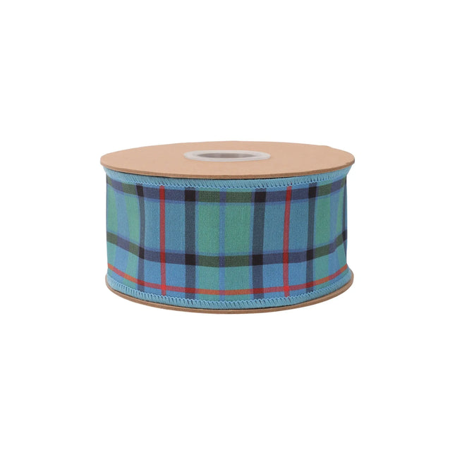wired dupioni ribbon featuring blue-green-red plaid and matching fused backing, ideal for crafts.