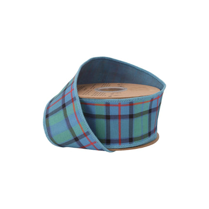 2 1/2" wired dupioni ribbon with blue, green, red plaid pattern and fused dupioni backing, great for wreaths.
