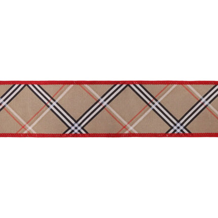 2.5-inch dupioni ribbon with beige fashion bias plaid and red backing, great for party decor.