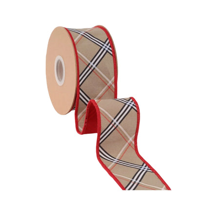 2 1/2" wired dupioni ribbon featuring beige bias plaid with red fused backing, great for gift wrapping.