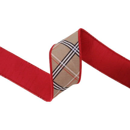 Stylish beige bias plaid wired ribbon with red backing, suited for seasonal home accents.