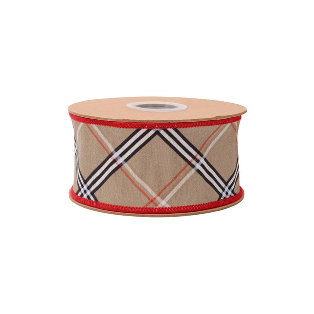 Beige bias plaid dupioni ribbon, 2.5-inch wired with red backing, perfect for crafts.
