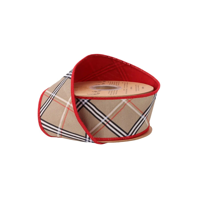2 1/2" wired dupioni ribbon with beige fashion bias plaid and red fused backing, ideal for wreaths.