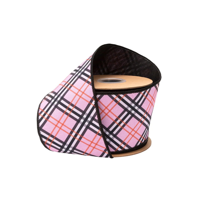 4" wired dupioni ribbon with bias cut fashion plaid and black backing, ideal for statement wreaths.