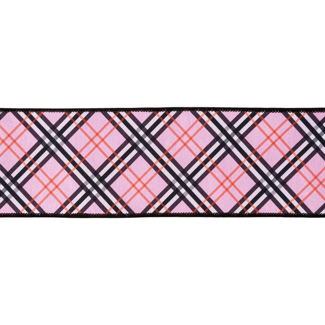 4-inch wired dupioni ribbon featuring bias cut plaid and black backing, perfect for bold gift bows.