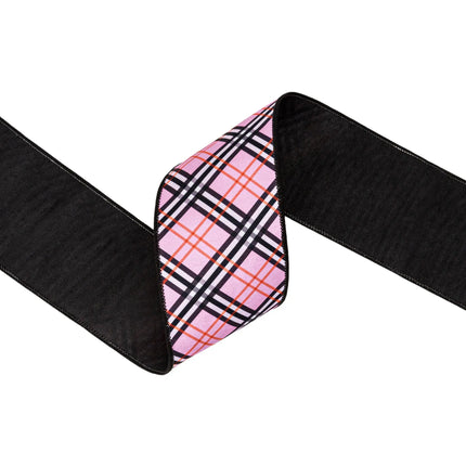 4" wired bias cut fashion plaid dupioni ribbon with black backing, suited for seasonal crafts.