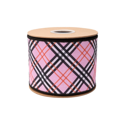 Stylish bias plaid dupioni ribbon, 4-inch wired with black backing, ideal for modern accents.