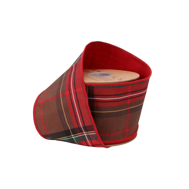 4" wired dupioni ribbon with red-brown plaid and red fused backing, great for holiday wreaths.