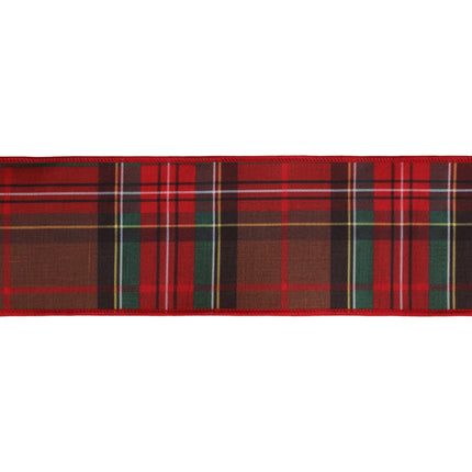 4-inch dupioni ribbon with red-brown plaid pattern and red backing, great for home accents.