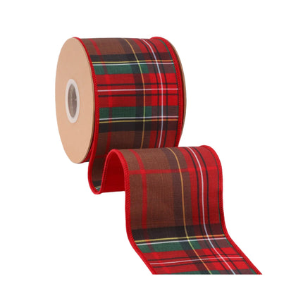 Rustic red-brown plaid wired ribbon with red fused backing, suited for fall and Christmas decor.