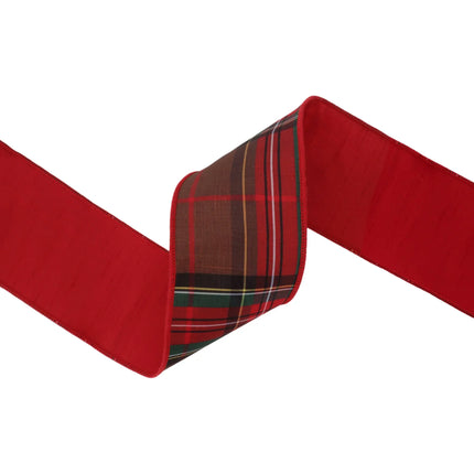 4" wired dupioni ribbon featuring red and brown plaid with red fused backing, ideal for gift bows.