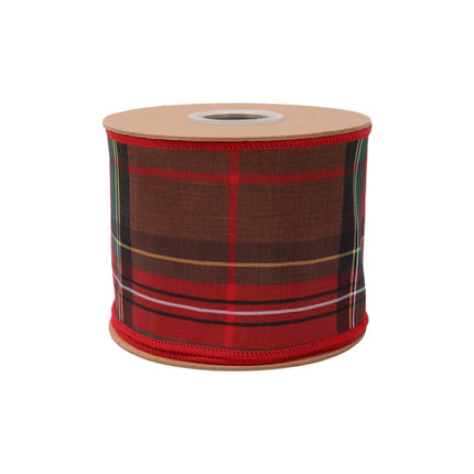 Red-brown plaid dupioni ribbon, 4-inch wired with red backing, perfect for seasonal crafts.