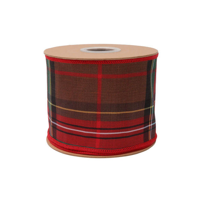 Red-brown plaid dupioni ribbon, 4-inch wired with red backing, perfect for seasonal crafts.