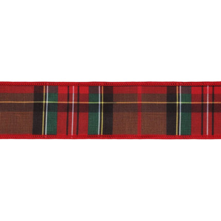 2 1/2" Wired Dupioni Ribbon | Red/Brown Plaid w/ Red Fused Dupioni Backing | 10 Yard Roll
