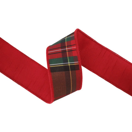 2 1/2" Wired Dupioni Ribbon | Red/Brown Plaid w/ Red Fused Dupioni Backing | 10 Yard Roll