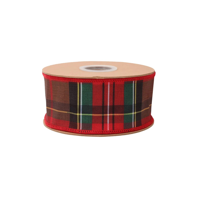 2 1/2" Wired Dupioni Ribbon | Red/Brown Plaid w/ Red Fused Dupioni Backing | 10 Yard Roll