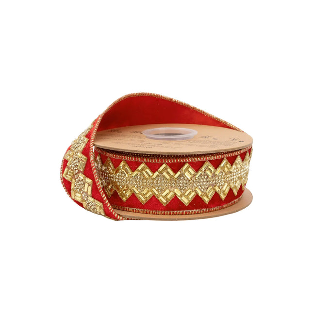 1 1/2" red jeweled ribbon with shimmering gold geometric beading, ideal for holiday gift wrapping