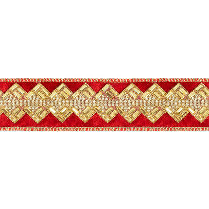 Vibrant red jeweled ribbon, 1.5-inch size, showcasing intricate gold beading for eye-catching holiday and formal use.