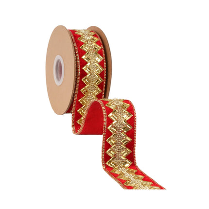 1 1/2-inch red jeweled ribbon with intricate gold geometric patterns, perfect for Christmas decor.