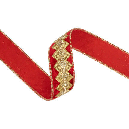 1 1/2" red jeweled ribbon with dazzling gold rhinestone details, great for adding opulence to gifts and seasonal projects.