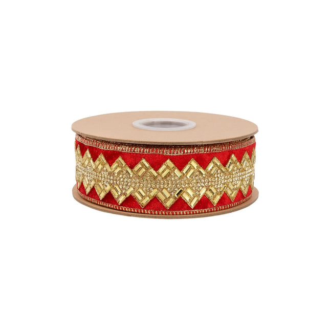 Premium red jeweled ribbon, 1.5-inch width, featuring sparkling gold rhinestone accents for luxury crafting.