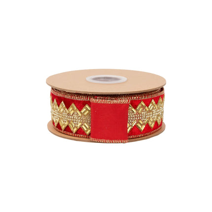 Luxurious red jeweled ribbon, 1.5" wide, adorned with detailed gold beading for bold, glamorous bows and accents.