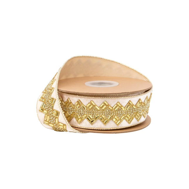 1 1/2" ivory jeweled ribbon with intricate gold geometric beading, ideal for elegant gift wrapping and decor.