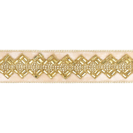 Elegant ivory jeweled ribbon, 1.5-inch size, showcasing intricate gold beading for timeless festive and formal use.