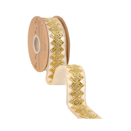 Luxurious ivory jeweled ribbon, 1.5" wide, adorned with detailed gold beading for sophisticated bows and accents.