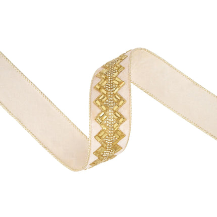 1 1/2" ivory jeweled ribbon with shimmering gold rhinestone details, great for adding glamour to gifts and projects.
