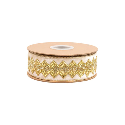 Premium ivory jeweled ribbon, 1.5-inch width, featuring shimmering gold rhinestone accents for luxury crafts.