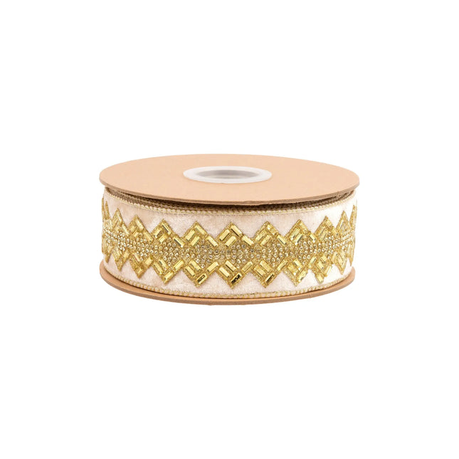 Premium ivory jeweled ribbon, 1.5-inch width, featuring shimmering gold rhinestone accents for luxury crafts.
