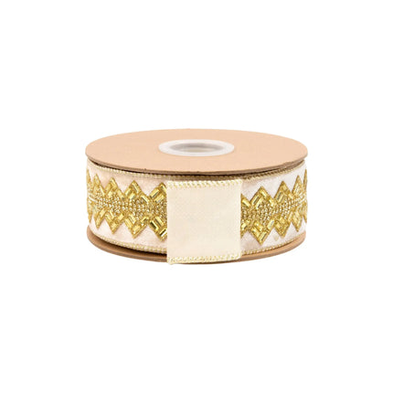 1 1/2-inch ivory jeweled ribbon with sparkling gold geometric patterns, perfect for wedding and holiday decor.