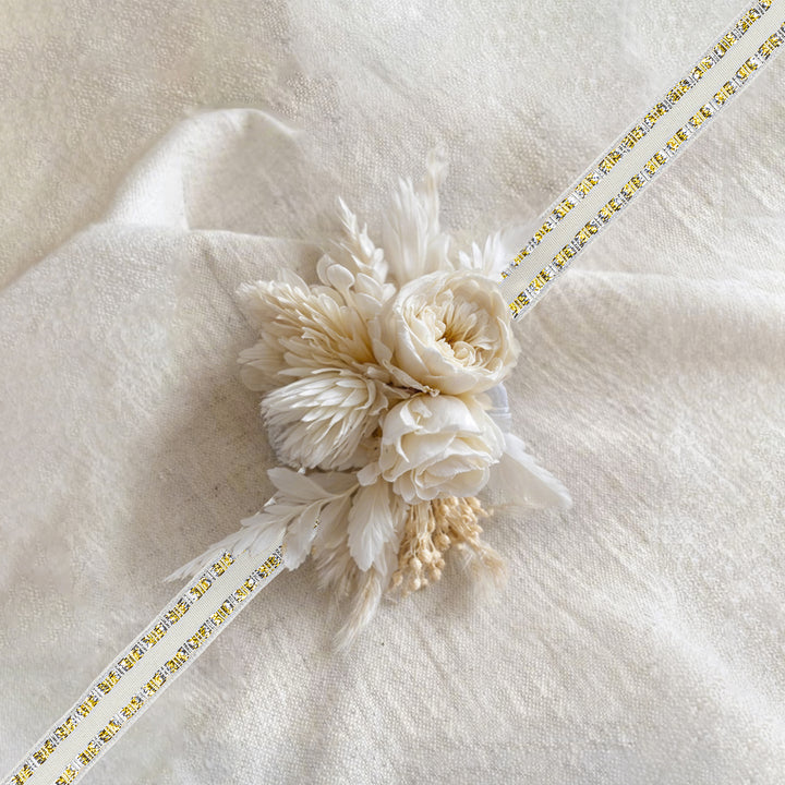 5/8" Wired Edge Corsage Ribbon | Ivory with Metallic Blocks | 25 Yard Roll